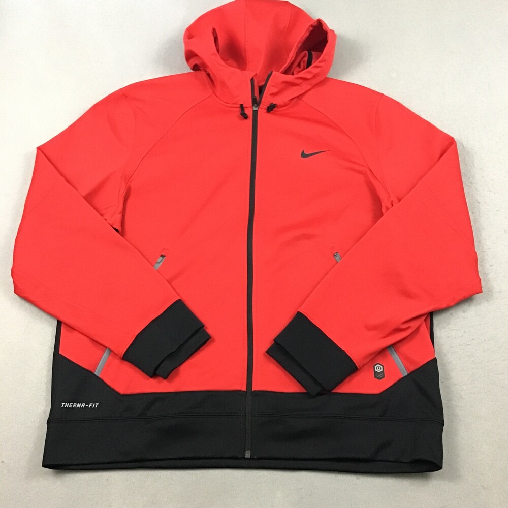 Nike Jacket Men 2XL Red Black Full Zip Pockets Swoosh Therma Fit Hoodie XXL